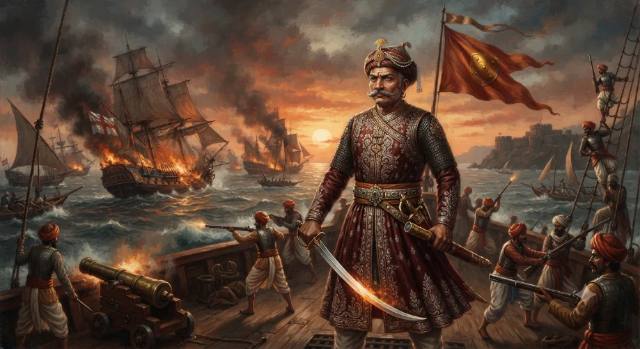 Illustration éditoriale de Kanhoji Angre commandant ses hommes pendant un affrontement naval.