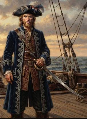 Illustration éditoriale de Laurens de Graff debout sur le pont d'un navire à voiles.