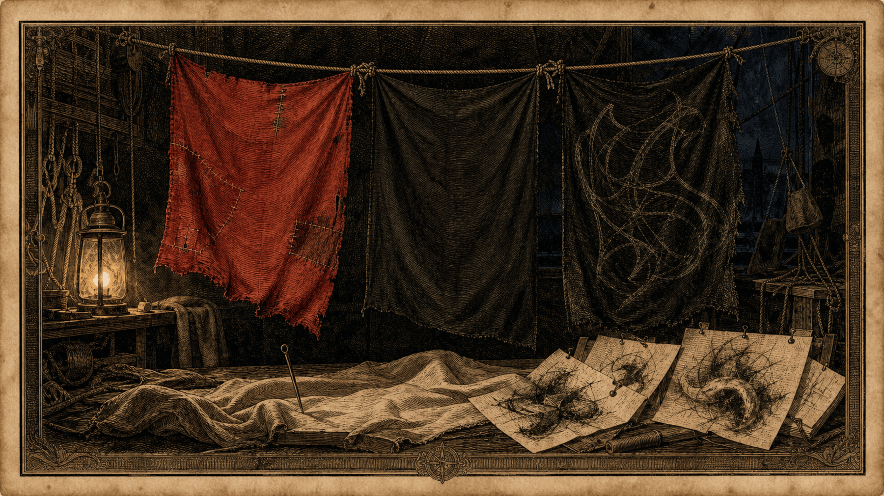 Trois pavillons de toile suspendus dans un atelier de voilier : un pavillon rouge usé, un pavillon noir uni, et un pavillon noir dont le motif n'est qu'esquissé au fusain, inachevé.