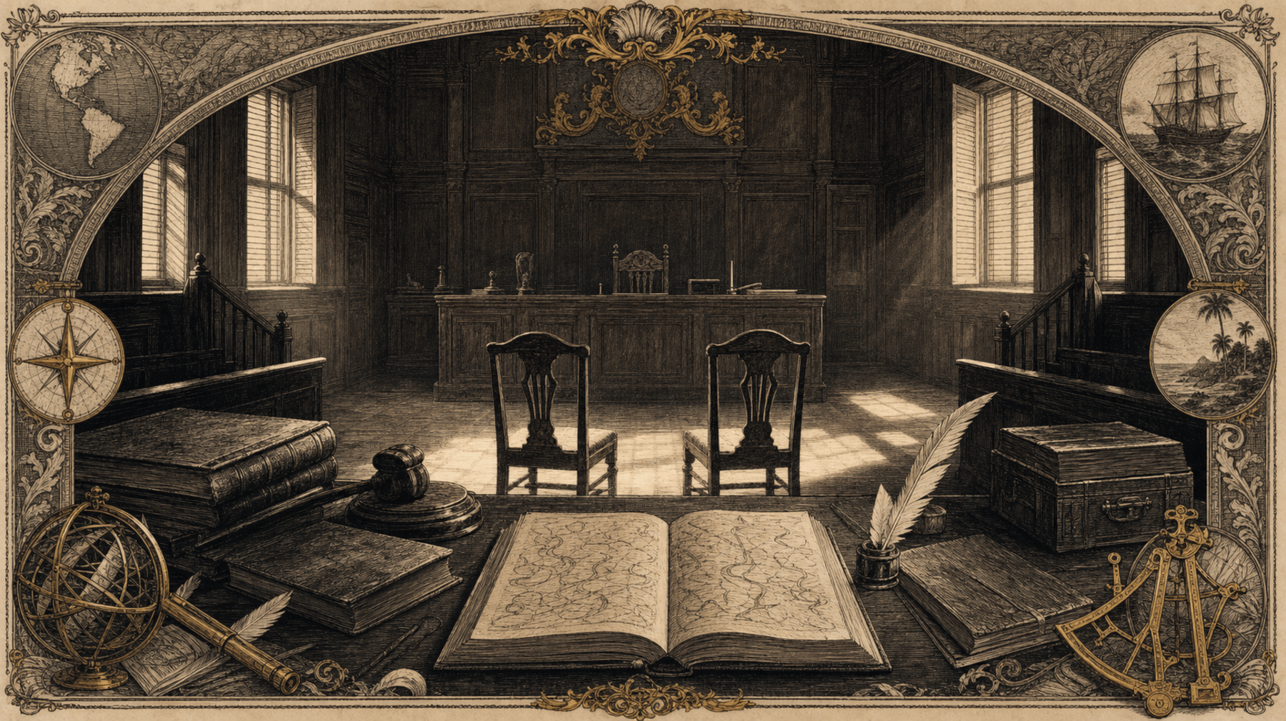 Salle d'audience coloniale déserte : boiseries sombres, table de justice couverte de registres et d'un texte de loi ouvert, deux chaises vides dans la lumière.
