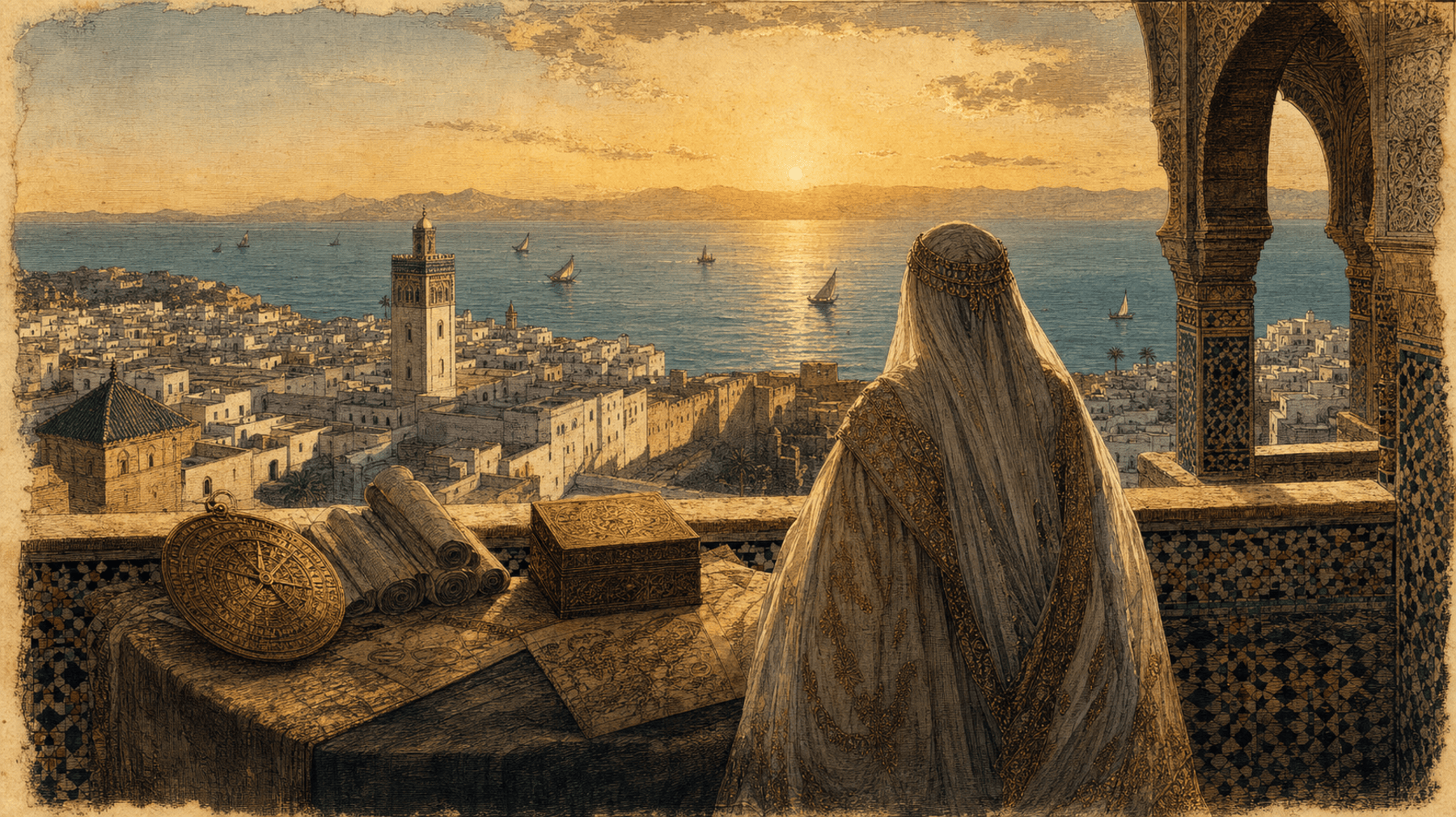 Médina blanche du nord du Maroc au coucher du soleil, vue depuis une terrasse ; au premier plan une silhouette féminine drapée, de dos, entourée de rouleaux de documents et d'un astrolabe.