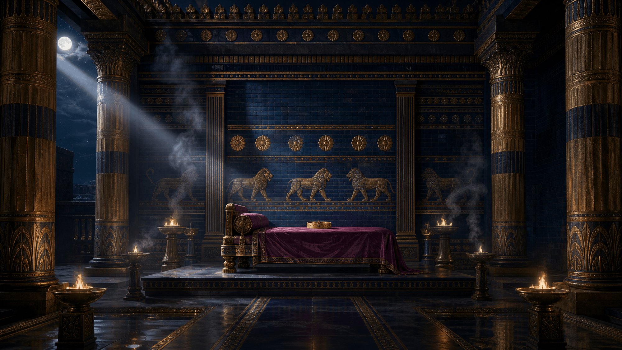 Salle du trône de Babylone la nuit : murs de briques émaillées bleues ornées de lions dorés, brûle-parfums allumés, un lit de cérémonie drapé de pourpre portant un simple diadème d'or, la salle déserte