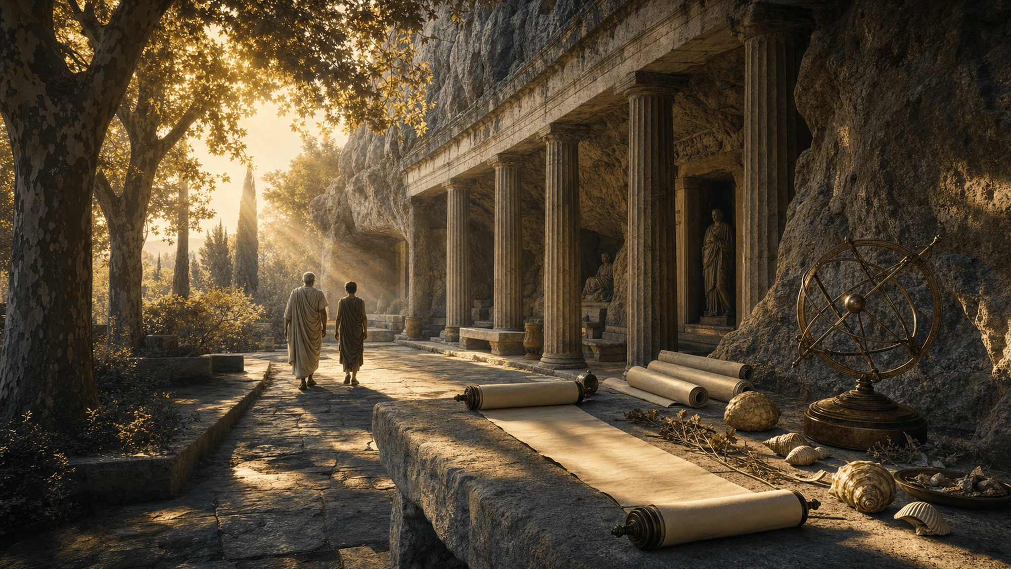 Sanctuaire à colonnade creusé dans la roche à l'aube : un philosophe âgé et un jeune élève marchent le long d'un chemin de pierre, rouleaux de papyrus, instrument de bronze et coquillages posés sur un banc