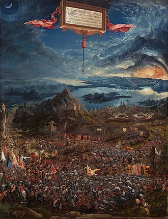 Peinture de la Renaissance représentant la bataille d'Issos vue du ciel : une immense armée en contrebas, un ciel tourmenté et un soleil couchant sur un paysage de montagnes