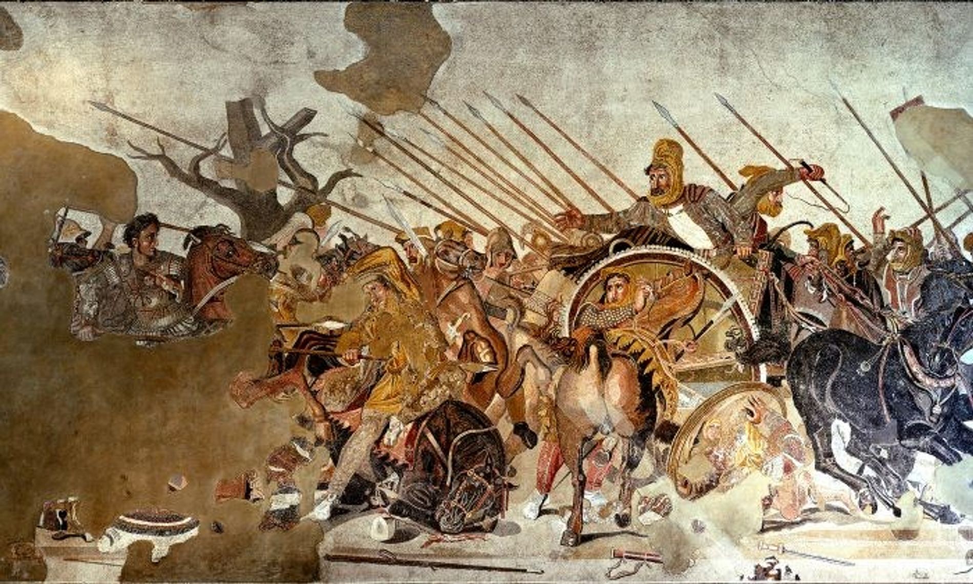 Mosaïque antique dite d'Alexandre : Alexandre à cheval, lance en avant, face à Darius III debout sur son char royal, entouré de piques
