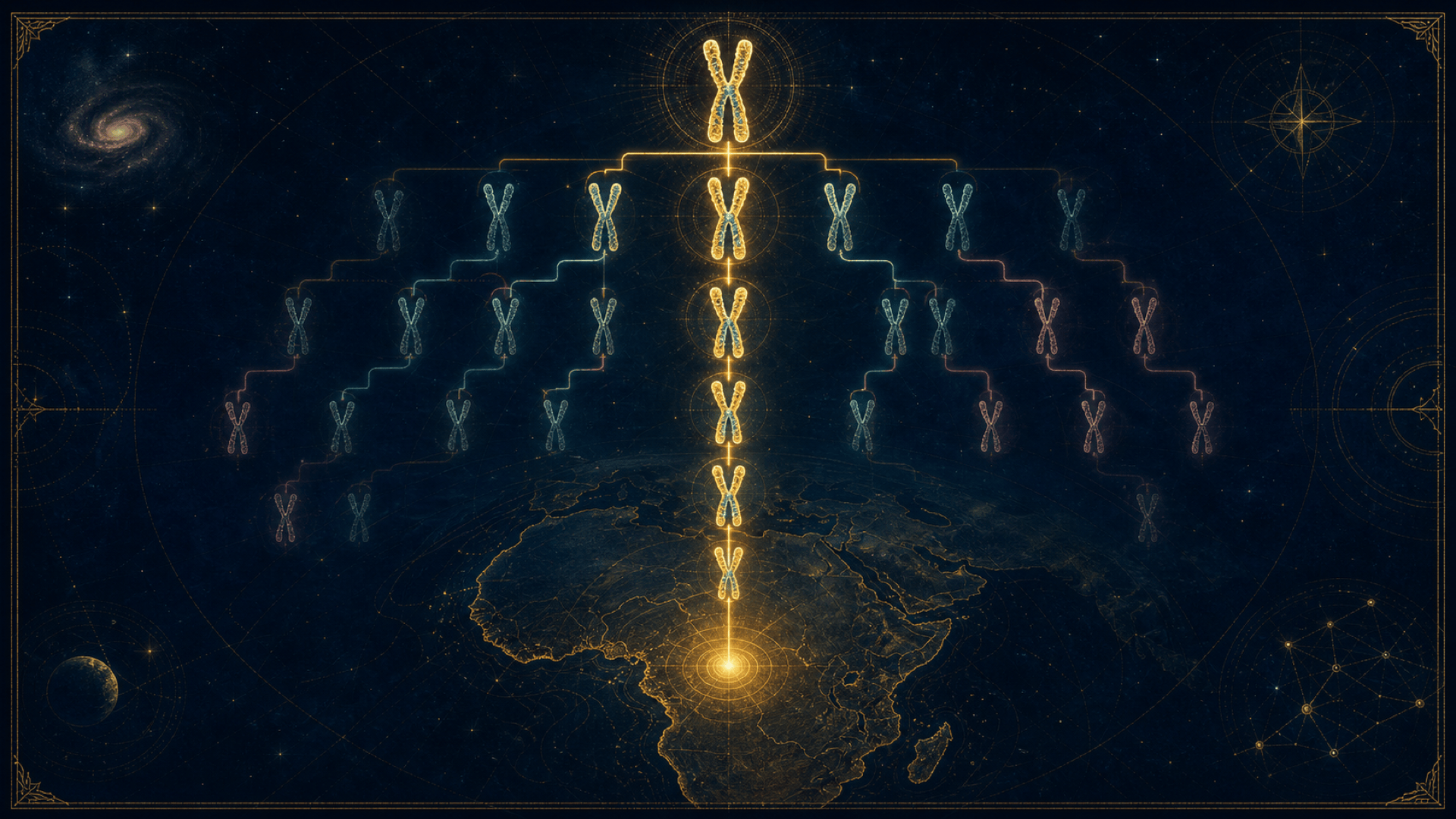 Schéma de l'Adam chromosome Y : la transmission du chromosome Y de père en fils, qui converge vers un ancêtre commun masculin en Afrique