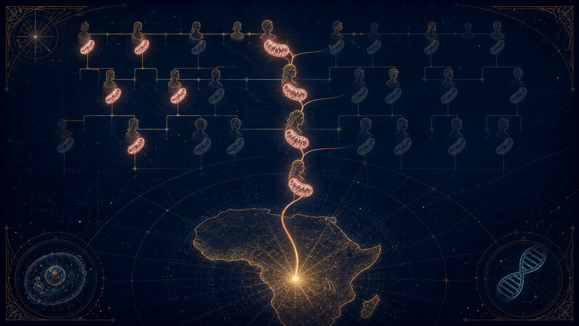 Schéma de l'Ève mitochondriale : la transmission de l'ADN mitochondrial le long de la lignée des mères, qui converge vers une ancêtre commune en Afrique