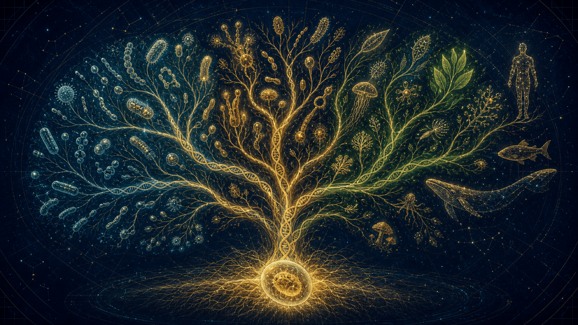 LUCA, le dernier ancêtre commun universel : la racine d'un arbre du vivant d'où partent les bactéries, les archées et les eucaryotes jusqu'aux baleines et aux humains