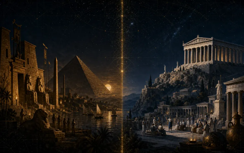 Duel visuel entre Égypte de la Maât et Grèce du Logos, du Nil à l'Agora