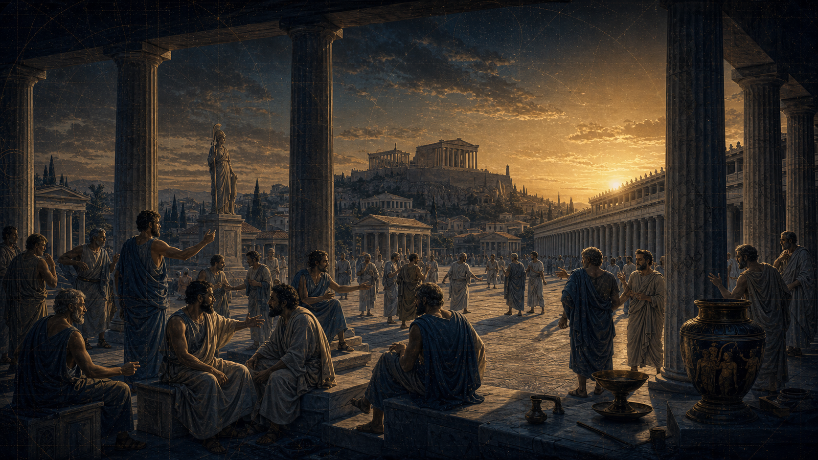 L'Agora d'Athènes : citoyens en débat sous les colonnades