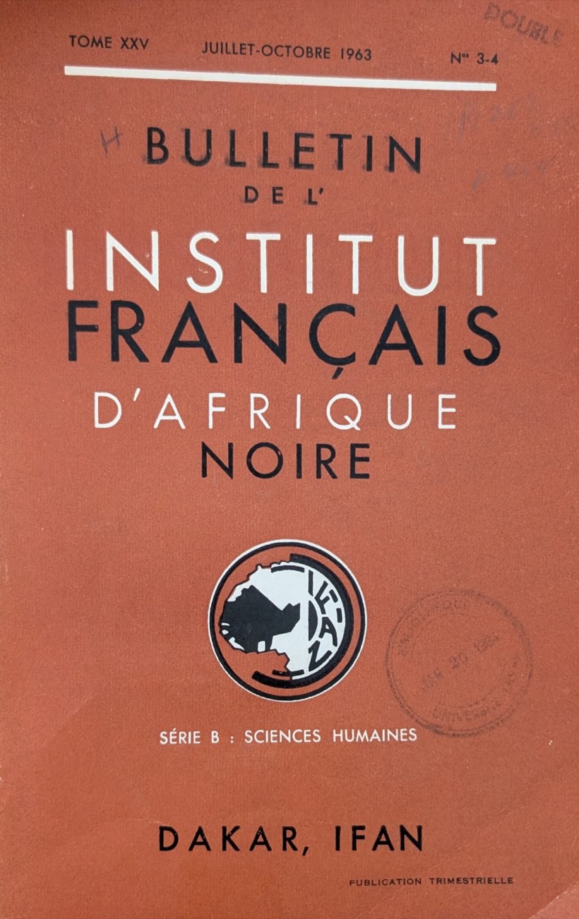 Couverture orange du Bulletin de l'Institut Français d'Afrique Noire, Tome XXV, juillet-octobre 1963, n°3-4, série B Sciences Humaines, Dakar — avec le logo IFAN en médaillon (carte de l'Afrique)