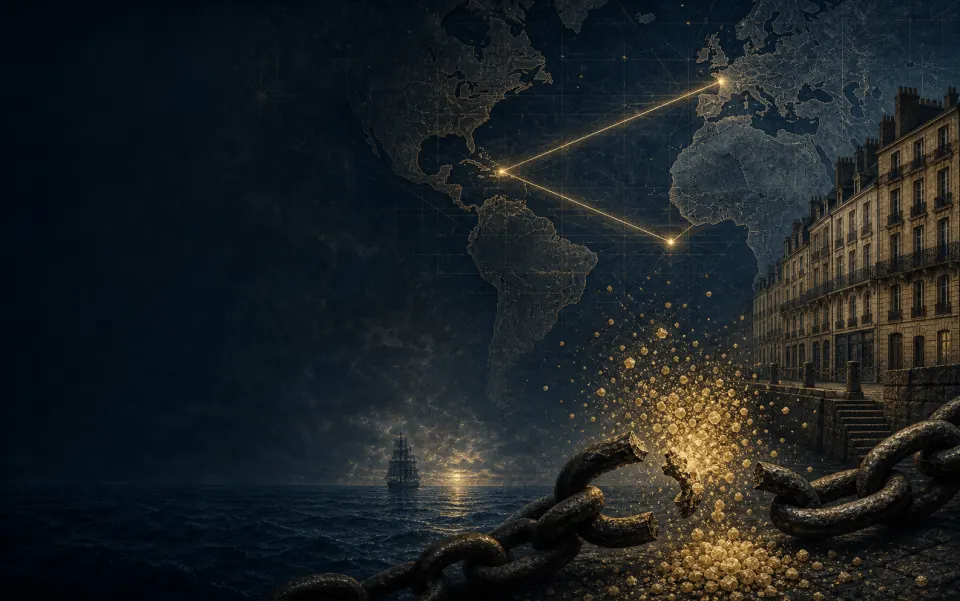 Le commerce triangulaire : trois continents reliés par des routes d'or sur l'Atlantique, une chaîne brisée se changeant en grains de sucre