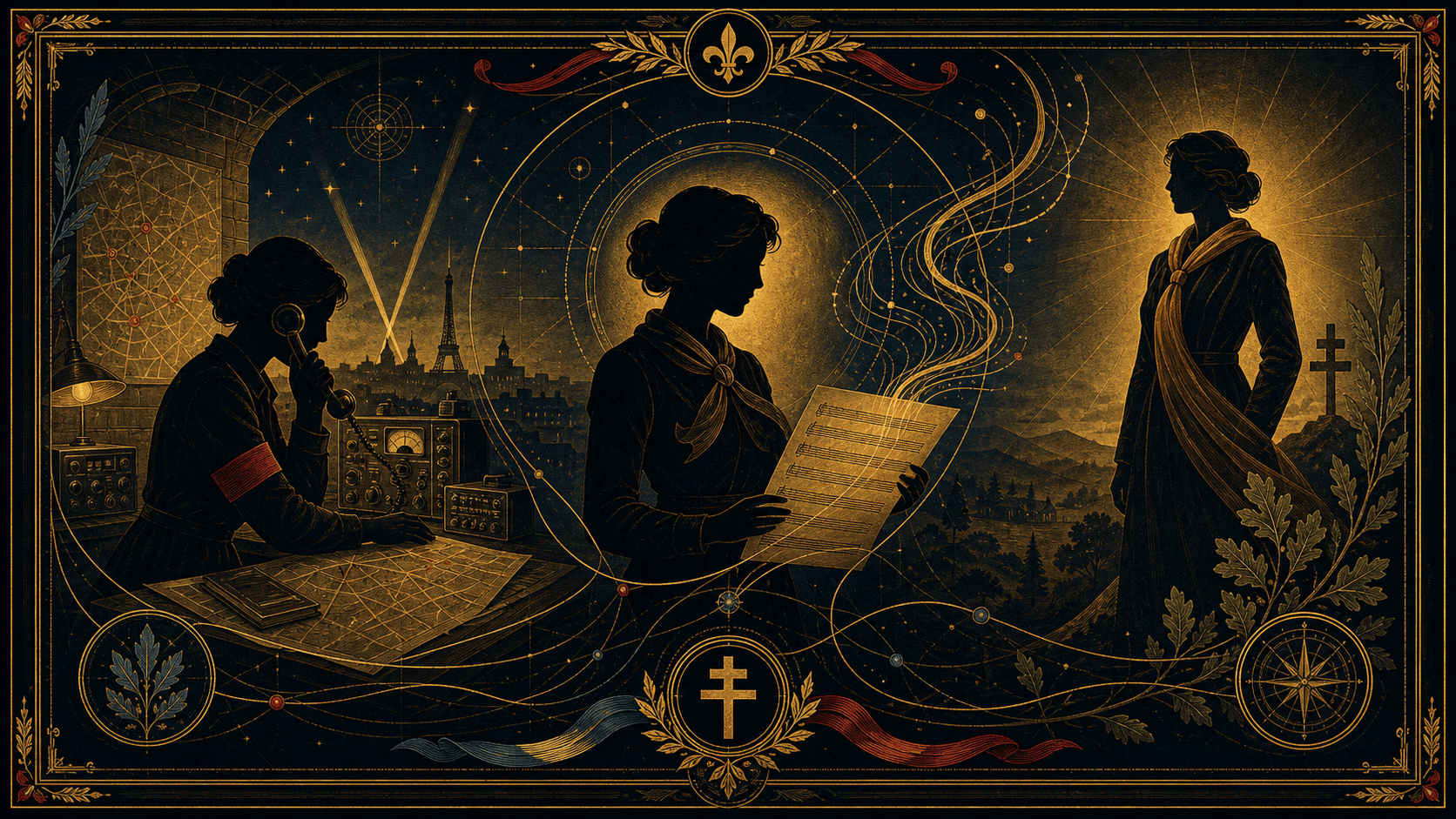 Hommage aux femmes de la Résistance : silhouettes dorées à un poste de transmission, tenant une partition, debout dans la lumière, sur nuit profonde