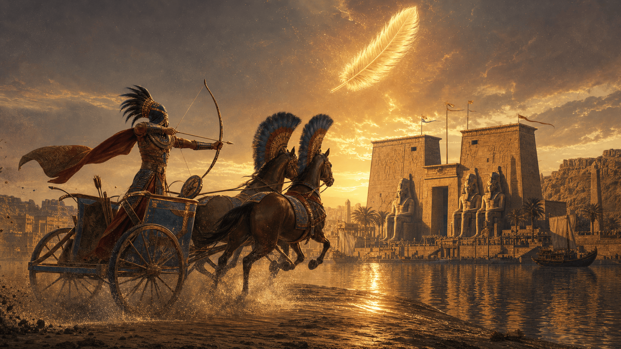 Un char de combat léger à roues à rayons lancé le long du Nil au crépuscule, la plume de Maât rayonnant au-dessus de pylônes de temple colossaux