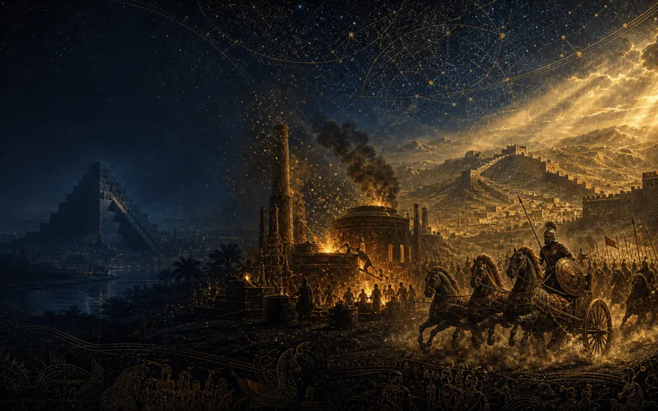 Fresque des premiers empires : ziggourat, forge de bronze, char de guerre et muraille lointaine sous un ciel d'or et de nuit