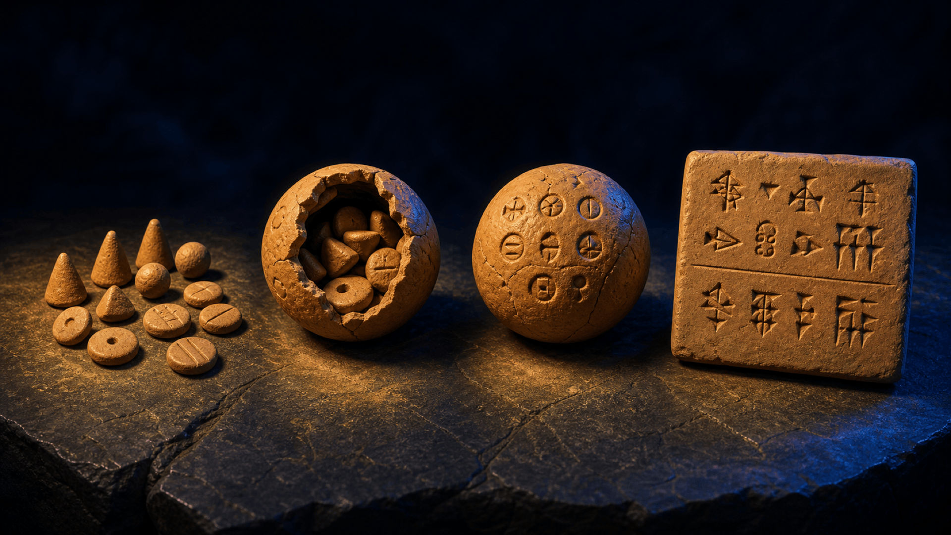 La naissance de l'écriture en quatre étapes : jetons d'argile, bulle-enveloppe, empreintes sur la bulle, tablette à pictogrammes et signes cunéiformes