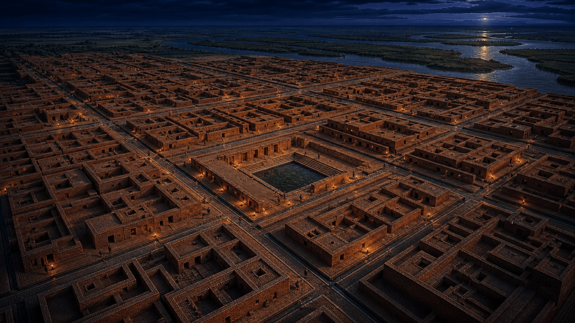 Vue aérienne de Mohenjo-Daro : une cité en damier de briques cuites standardisées, rues à angle droit, drains couverts, le Grand Bain au centre