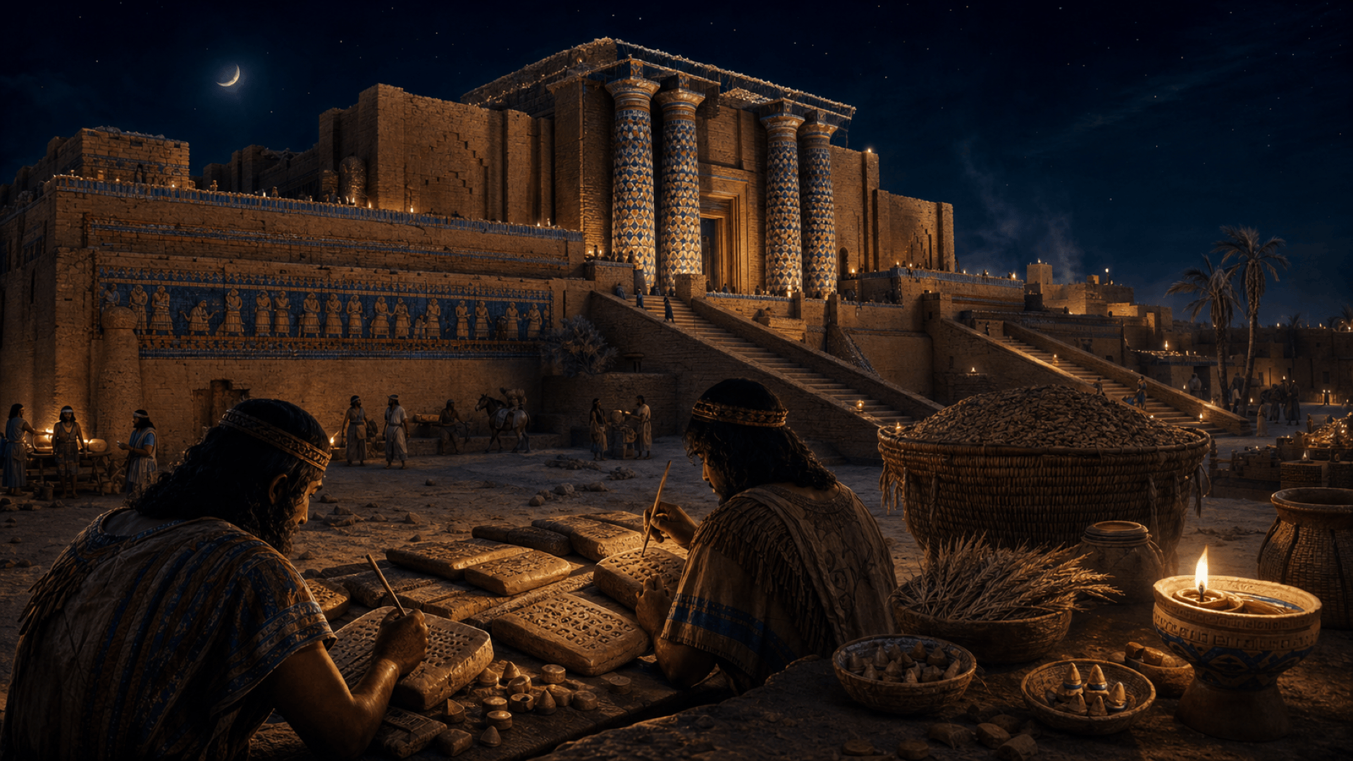 Reconstitution d'Uruk : la ziggourat de l'Eanna domine une cité de briques crues, des scribes pressent des tablettes d'argile