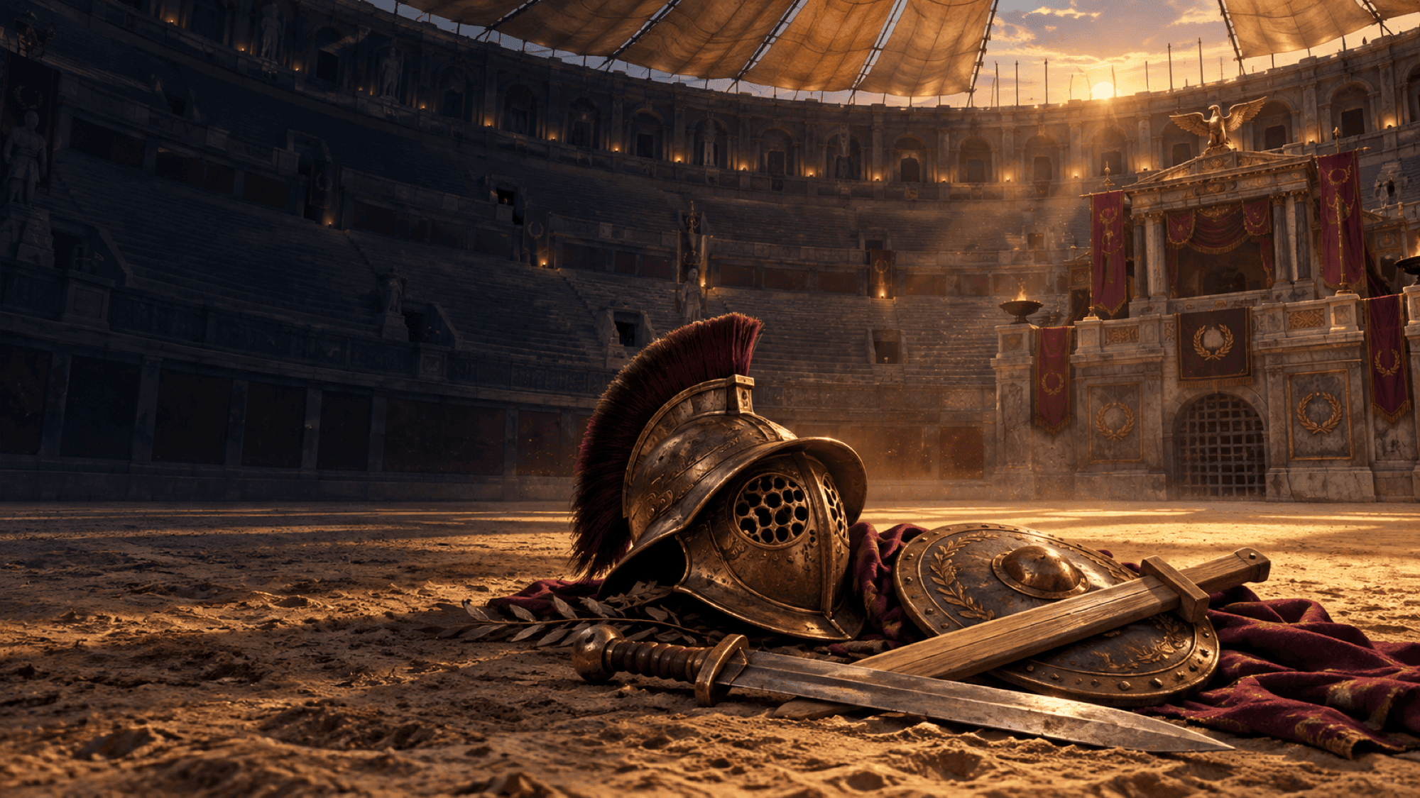 Le sable vide d'un amphithéâtre à l'aube, le velum tendu laissant tomber la lumière en bandes ; au premier plan, posés avec cérémonie, un casque de gladiateur, un petit bouclier, un glaive et un rudis de bois