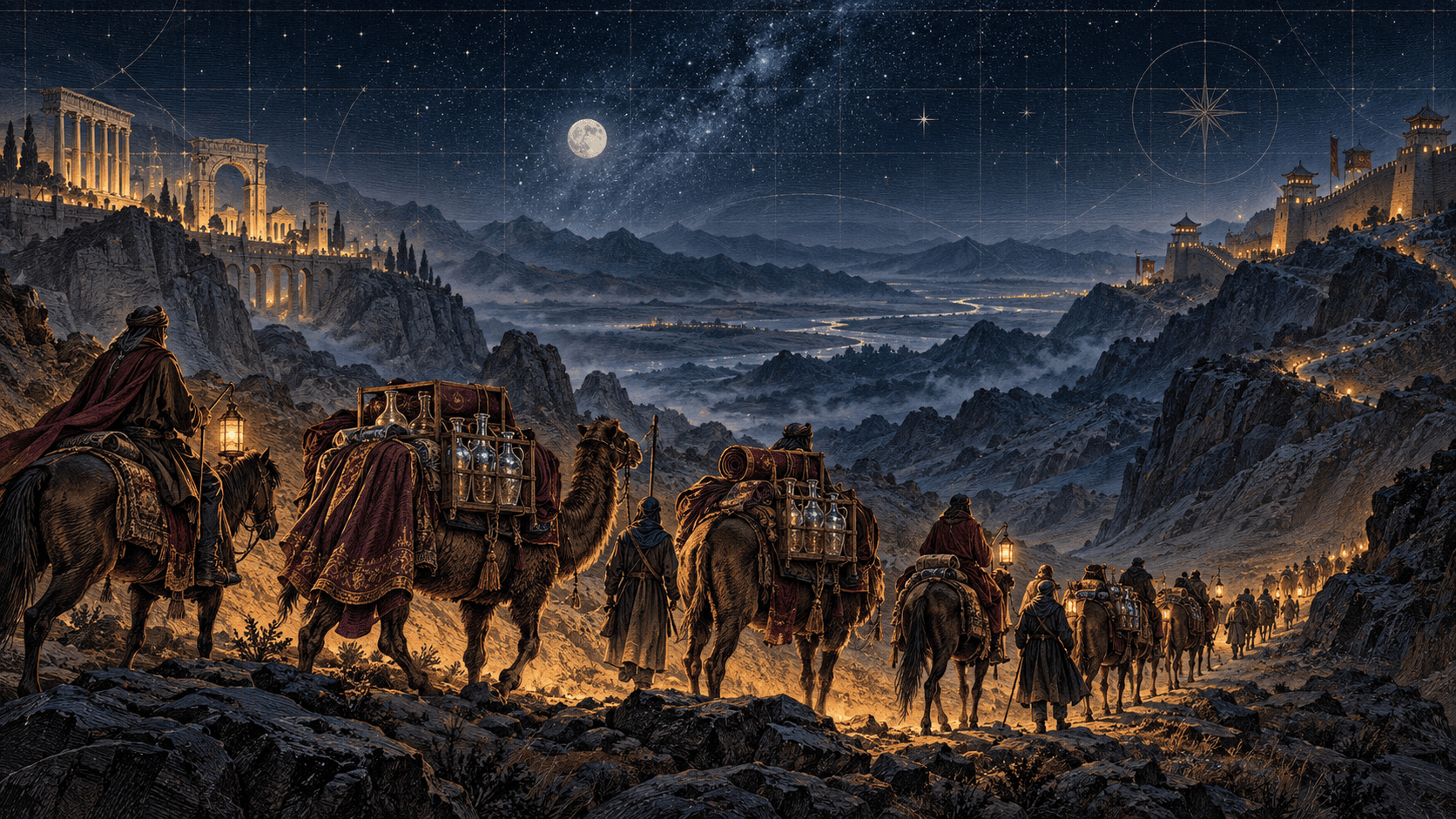 Une caravane de chameaux et de chevaux franchissant un col désertique sous un ciel étoilé, ballots de soie translucide et caisses de verrerie ; au loin à gauche des colonnes romaines, à droite des tours de guet chinoises