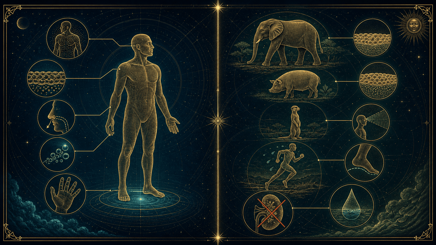 Diptyque : à gauche, les traits dits « aquatiques » de l'humain ; à droite, les mêmes traits expliqués chez des animaux terrestres (éléphant, cochon, suricate, coureur en sueur, reins inadaptés au sel)
