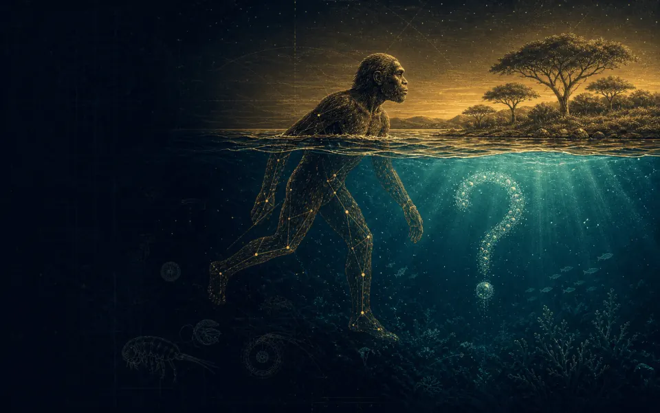 Un ancêtre humain nage à la surface d'une mer au crépuscule, mi-dessus mi-dessous la ligne d'eau : l'hypothèse du singe aquatique